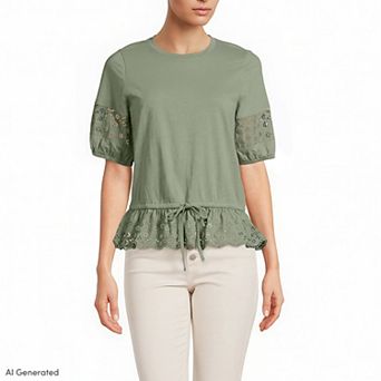 Women's Lands' End Elbow Sleeve Slub Lace Trim Adjustable Hem Top