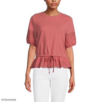 Women's Lands' End Elbow Sleeve Slub Lace Trim Adjustable Hem Top