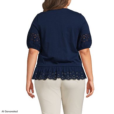 Plus Size Lands' End Elbow Sleeve Slub Lace Trim Adjustable Hem Top