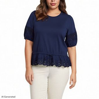 Plus Size Lands' End Elbow Sleeve Slub Lace Trim Adjustable Hem Top