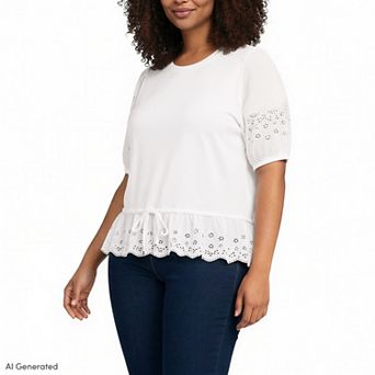 Plus Size Lands' End Elbow Sleeve Slub Lace Trim Adjustable Hem Top