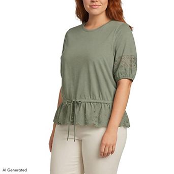 Plus Size Lands' End Elbow Sleeve Slub Lace Trim Adjustable Hem Top