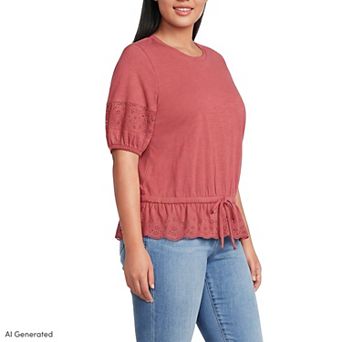 Plus Size Lands' End Elbow Sleeve Slub Lace Trim Adjustable Hem Top