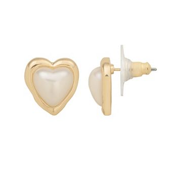 LC Lauren Conrad Gold Tone Cushion Simulated Pearl Heart Stud Earrings