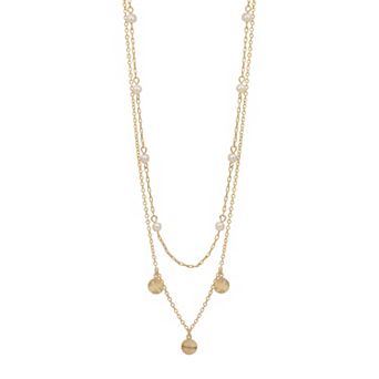 LC Lauren Conrad Gold Tone Layered Simulated Pearl & Chain Necklace With Metal Disc Accents