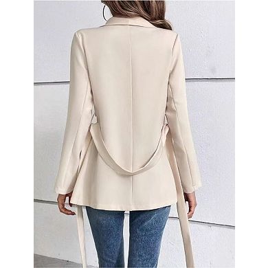 Womens Tie Front Long Sleeve Lapel Blazer Lightweight Business Casual Suit Jackets with Pocket