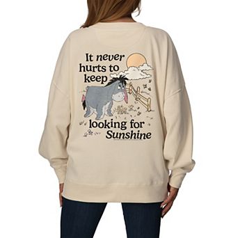 Women's Disney's Winnie The Pooh Eeyore Looking for Sunshine Distressed Oversized Fleece Crew Sweatshirt