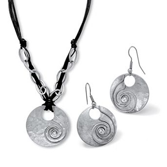 Silvertone Antiqued Round Crystal Drop Necklace and Drop Earring Set