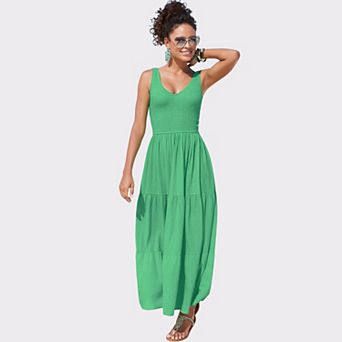 Lascana Women's Smocked V-Neck Maxi Dress
