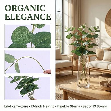 10 Pcs Artificial Eucalyptus Stems Plastic Greenery Stems for Home Decor 13"H