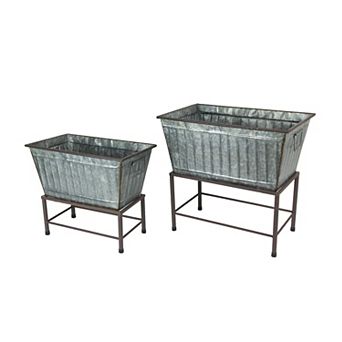 Rectangular Galvanized Metal Tub Planters On Stand Set of 2