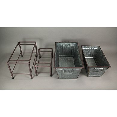 Rectangular Galvanized Metal Tub Planters On Stand Set of 2