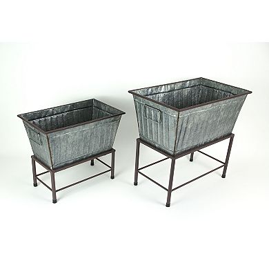 Rectangular Galvanized Metal Tub Planters On Stand Set of 2