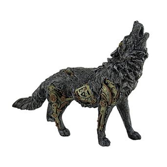 Cool Steampunk Style Howling Gray Wolf Statue