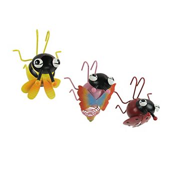Set / 3 Metal Bug Flower Pot Hanger Decor Bumble Bee Ladybug Butterfly Figurines
