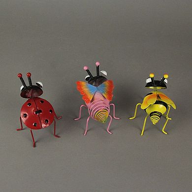 Set / 3 Metal Bug Flower Pot Hanger Decor Bumble Bee Ladybug Butterfly Figurines