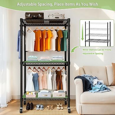 Lufeiya Rolling Heavy Duty Garment Rack with Adjustable Shelves, Double Hanging Rails