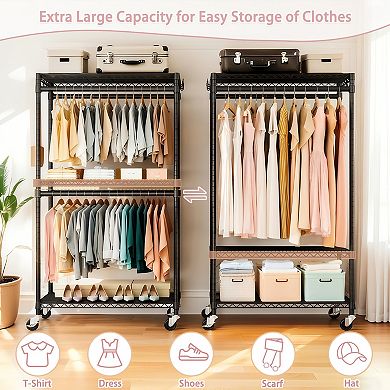 Lufeiya Rolling Heavy Duty Garment Rack with Adjustable Shelves, Double Hanging Rails