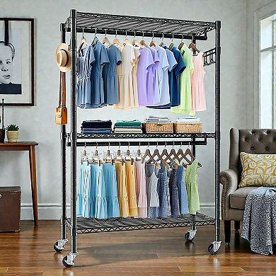 Lufeiya Rolling Heavy Duty Garment Rack with Adjustable Shelves, Double Hanging Rails