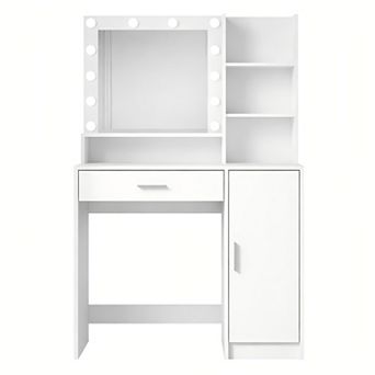 Lufeiya Vanity Desk with Mirror and Light, Makeup Dressing Table with Large Drawer, Shelves
