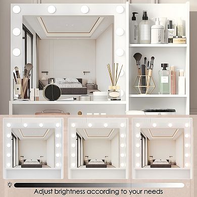 Lufeiya Vanity Desk with Mirror and Light, Makeup Dressing Table with Large Drawer, Shelves