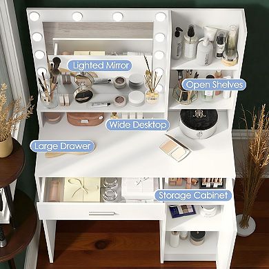 Lufeiya Vanity Desk with Mirror and Light, Makeup Dressing Table with Large Drawer, Shelves
