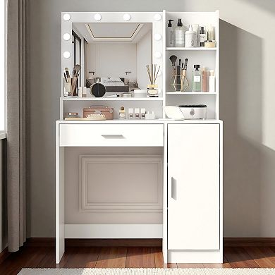 Lufeiya Vanity Desk with Mirror and Light, Makeup Dressing Table with Large Drawer, Shelves