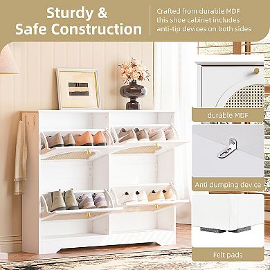 Lufeiya Narrow Shoe Cabinet with 4 Rattan Flip Drawers, Hooks