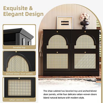 Lufeiya Narrow Shoe Cabinet with 4 Rattan Flip Drawers, Hooks