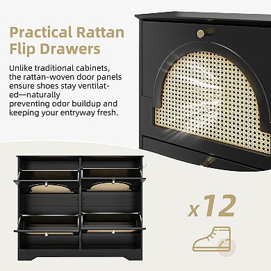 Lufeiya Narrow Shoe Cabinet with 4 Rattan Flip Drawers, Hooks