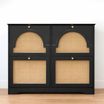Lufeiya Narrow Shoe Cabinet with 4 Rattan Flip Drawers, Hooks