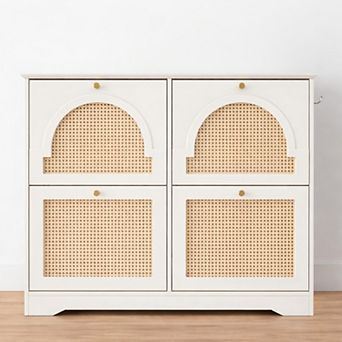 Lufeiya Narrow Shoe Cabinet with 4 Rattan Flip Drawers, Hooks