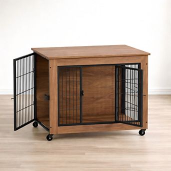 Heybly Dog Crate Furniture with Wheels, Wooden Dog End Table with Double Doors, Heavy Duty Pet Cage