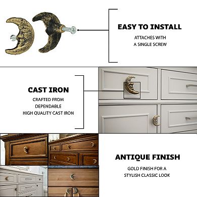 Set of 6 Black Cast Iron Crescent Moon Face Drawer Pull Decorative Cabinet Knobs