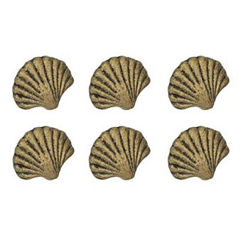 Set of 6 Gold Cast Iron Scallop Sea Shell Drawer Pulls Nautical Cabinet Knobs