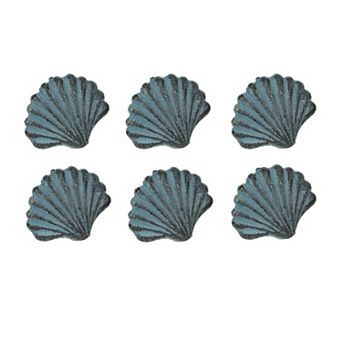 Set of 6 Blue Cast Iron Scallop Sea Shell Drawer Pulls Nautical Cabinet Knobs