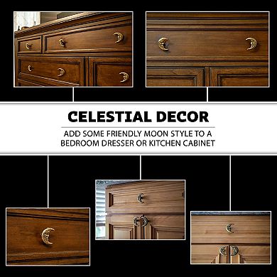 Set of 6 Gold Cast Iron Crescent Moon Face Drawer Pulls Decorative Cabinet Knobs