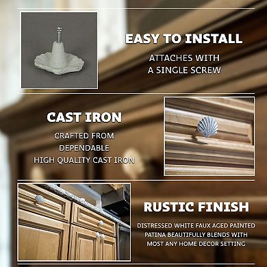 Set of 6 White Cast Iron Scallop Sea Shell Drawer Pulls Nautical Cabinet Knobs