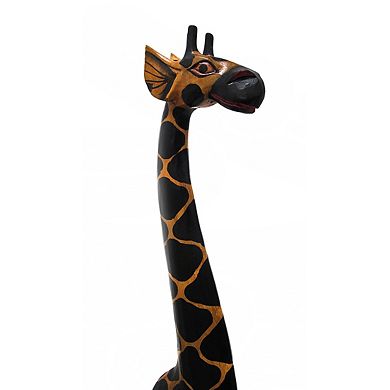 39 Inch Tall Hand-Carved Wooden Giraffe Statue Decor