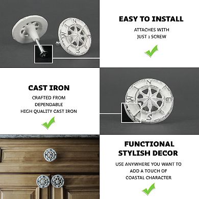 Set of 12 White Cast Iron Compass Rose Cabinet Hardware Knobs Drawer Pull Handle