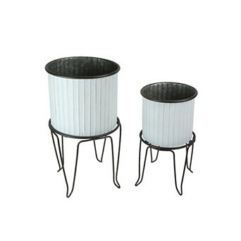 Set of 2 White / Charcoal Round Metal Tub Planters On Stands