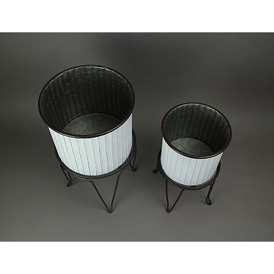 Set of 2 White / Charcoal Round Metal Tub Planters On Stands