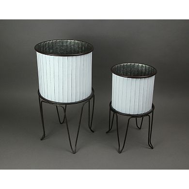 Set of 2 White / Charcoal Round Metal Tub Planters On Stands