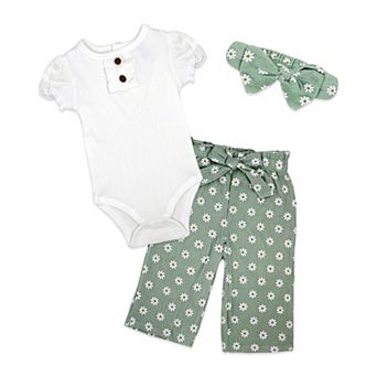 Baby Girls 3 pc Breezy Daisy Bodysuit, Pants and Headband Set, Green