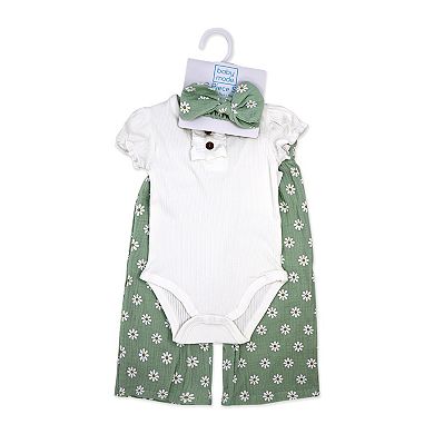Baby Girls 3 Piece Breezy Daisy Bodysuit, Pants and Headband Set, Green