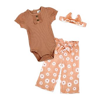 Baby Girls 3 pc Breezy Daisy Bodysuit, Pants and Headband Set, Peach
