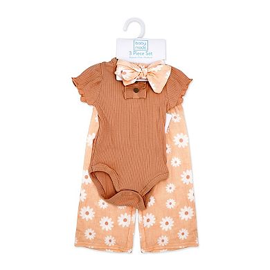 Baby Girls 3 Piece Breezy Daisy Bodysuit, Pants and Headband Set, Peach
