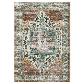 Medallion Area Rug Low Pile Pet Friendly Non Slip Vacuum Clean Carpet for Kid's Room Bathroom