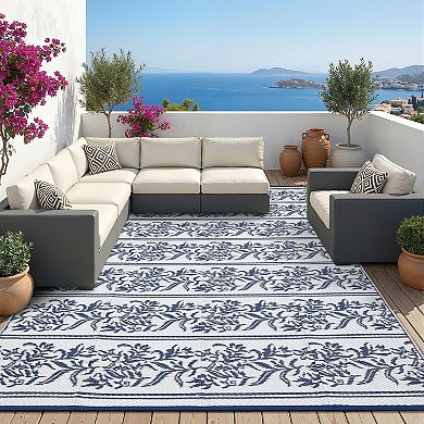 Contemporary Outdoor Area Rug Reversible Stain Resistant Waterproof Portable Mat for Patio Backyard