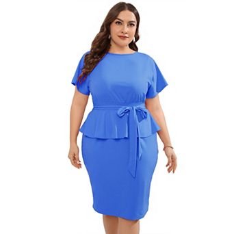 Plus Size Women's Elegant Dress Short Sleeve Crew Neck Bodycon Dress with Belt